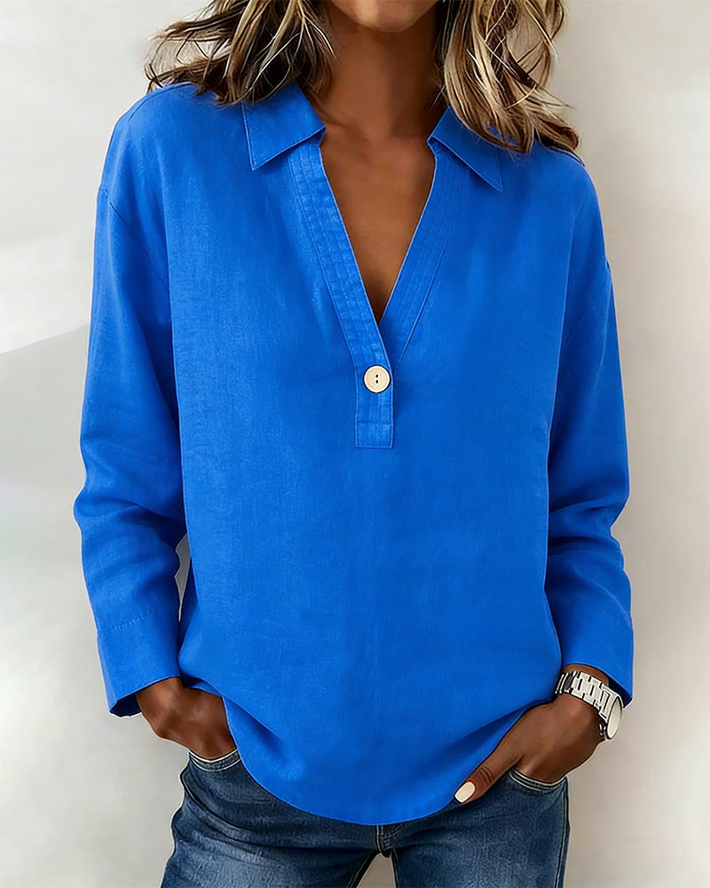 Long-Sleeved Solid-Color Button-Down Blouse
