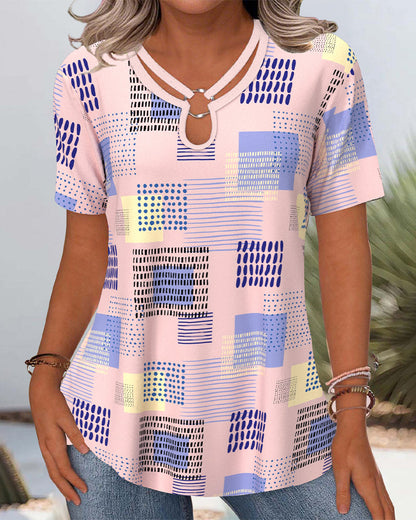 Hollow V-Neck Printed Casual T-Shirt