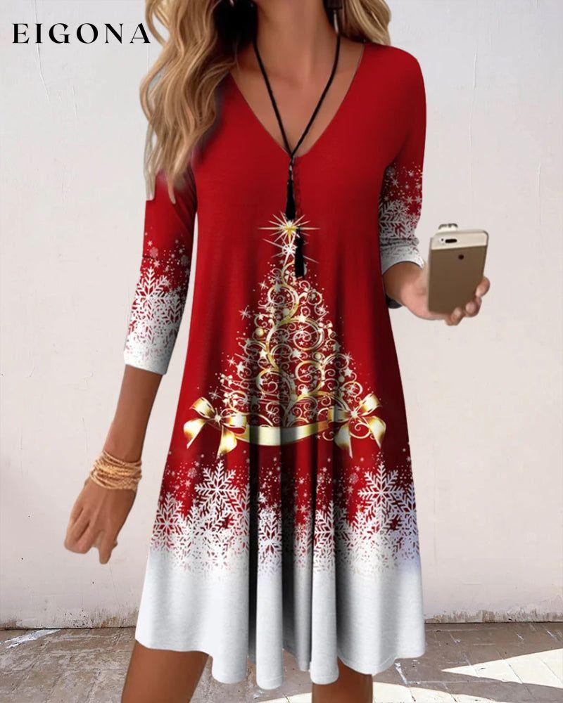 Long-Sleeved Printed V-Neck Knee-Length Dress 23BF casual dresses christmas Clothes Dresses fall winter