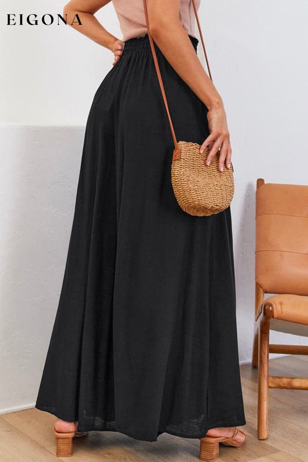 Black Drawstring Smocked High Waist Wide Leg Pants All In Stock bottoms clothes clothing Occasion Vacation Print Solid Color Season Summer Silhouette Wide Leg Style Casual wide leg pants Women's Bottoms