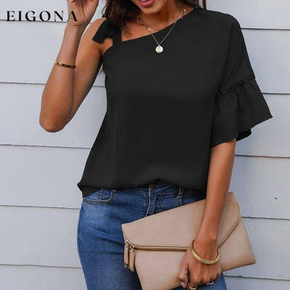 Women's fashion diagonal collar Ruffle Sleeve Chiffon Top clothes off the shoulder shirt shirt shirts short sleeve short sleeve shirt short sleeve top tops Tops/Blouses