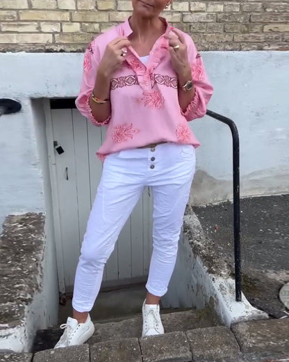 Lace Long-Sleeved Printed Blouse