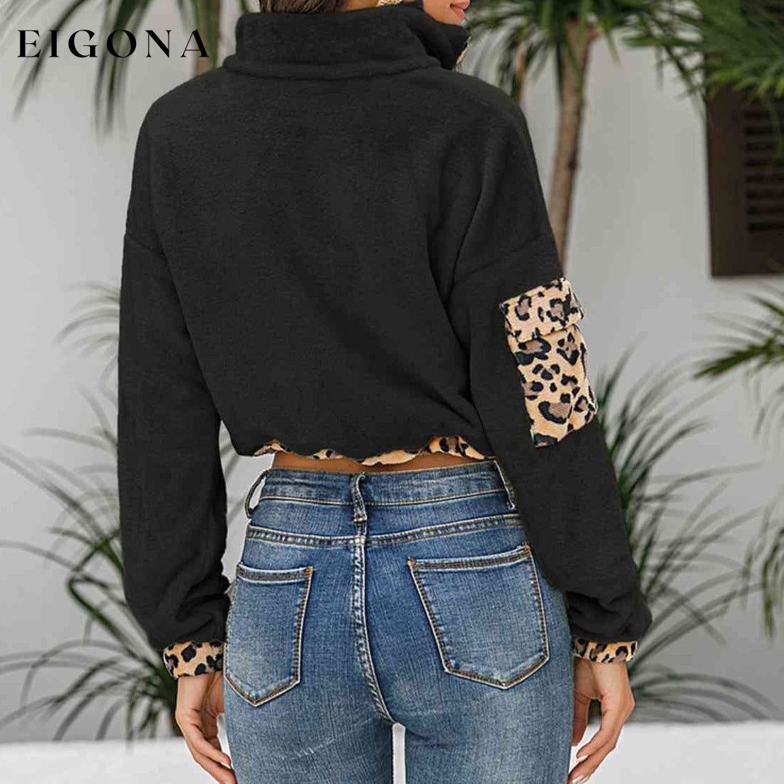 Leopard Half Zip Drawstring Cropped Sweatshirt clothes L@X@G Ship From Overseas