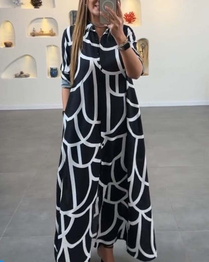 Contrast printed lapel long slit dress casual dresses spring summer