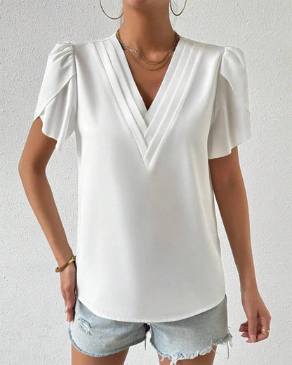 Double V-Neck Petal Sleeve Blouse