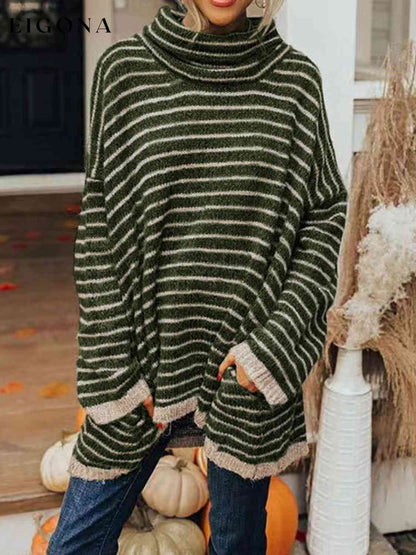 Striped Turtleneck Sweater with Pockets Green A@Y@M clothes Ship From Overseas Shipping Delay 09/29/2023 - 10/04/2023 sweater sweaters