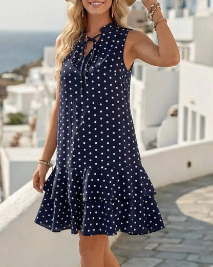 Polka Dot Tie Sleeveless Ruffle Dress