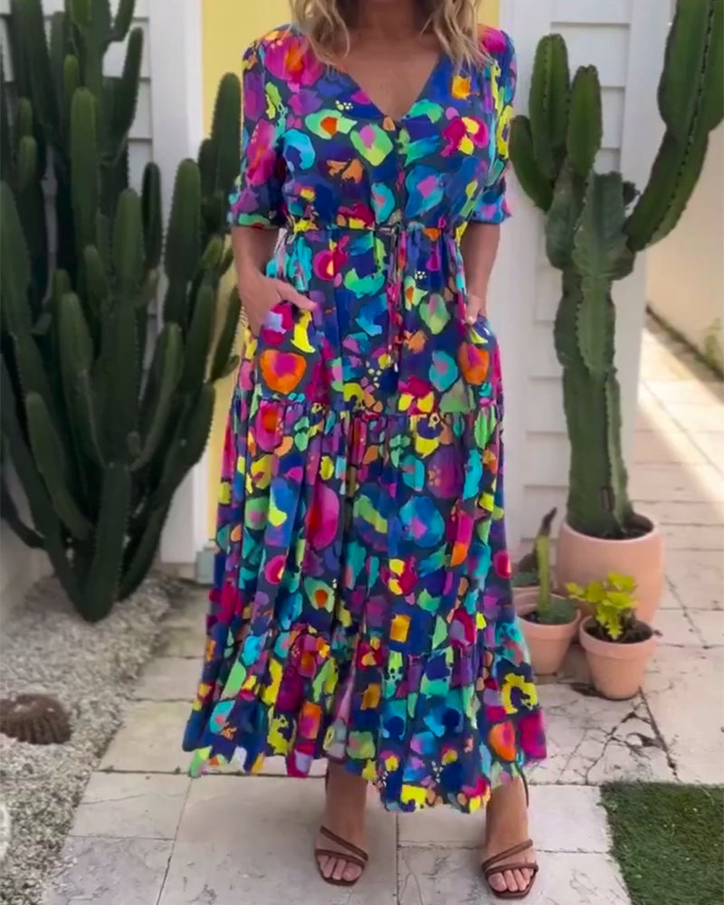 Kleid mit Laternenärmeln, Kordelzug und V-Ausschnitt