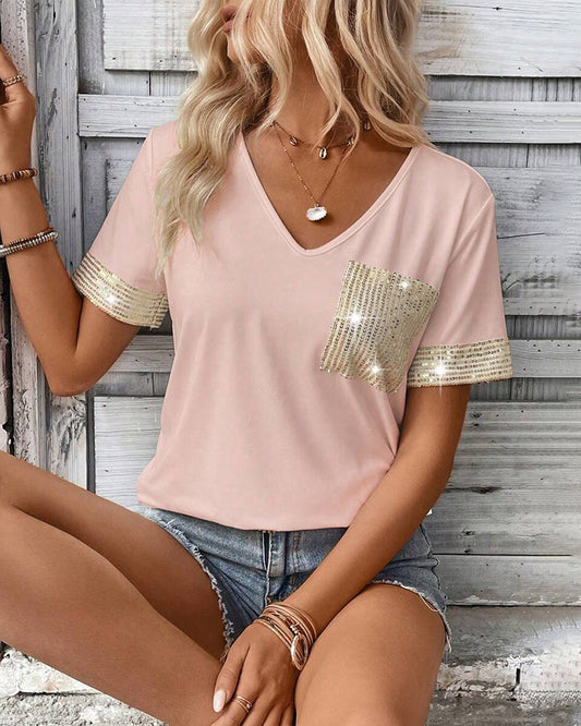 V-Neck Casual Sequined Short-Sleeved T-Shirt