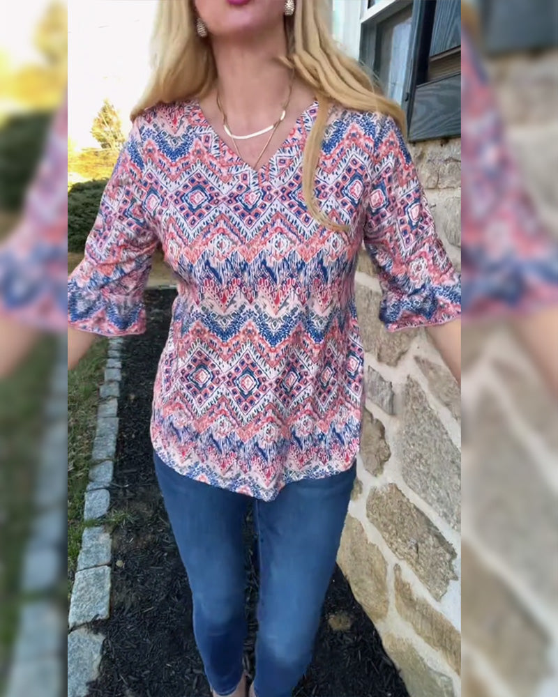 Trumpet Sleeve V-Neck Casual Blouse