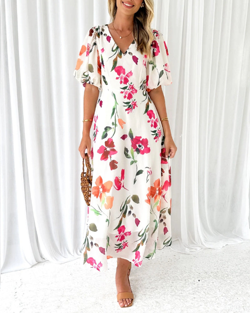 Elegant dress with puff sleeves and floral print casual dresses summer