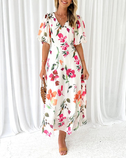 Elegant dress with puff sleeves and floral print casual dresses summer