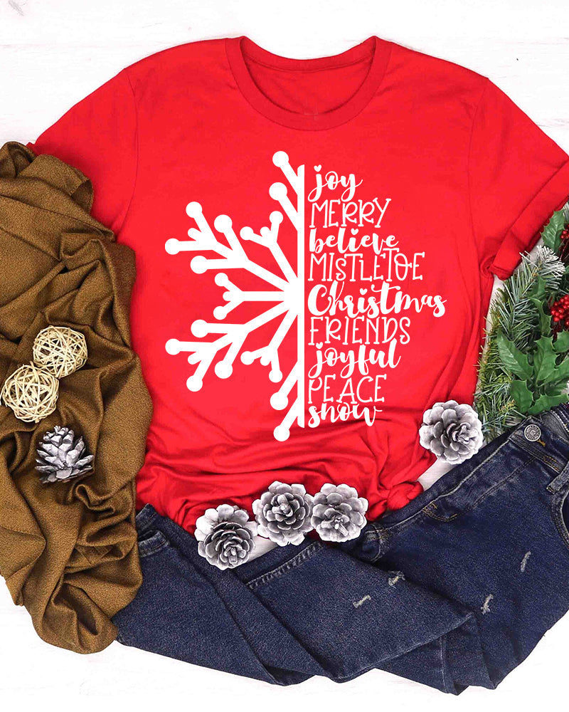 Merry christmas lettering snowflake print casual t-shirt 2024 f/w christmas summer t-shirts