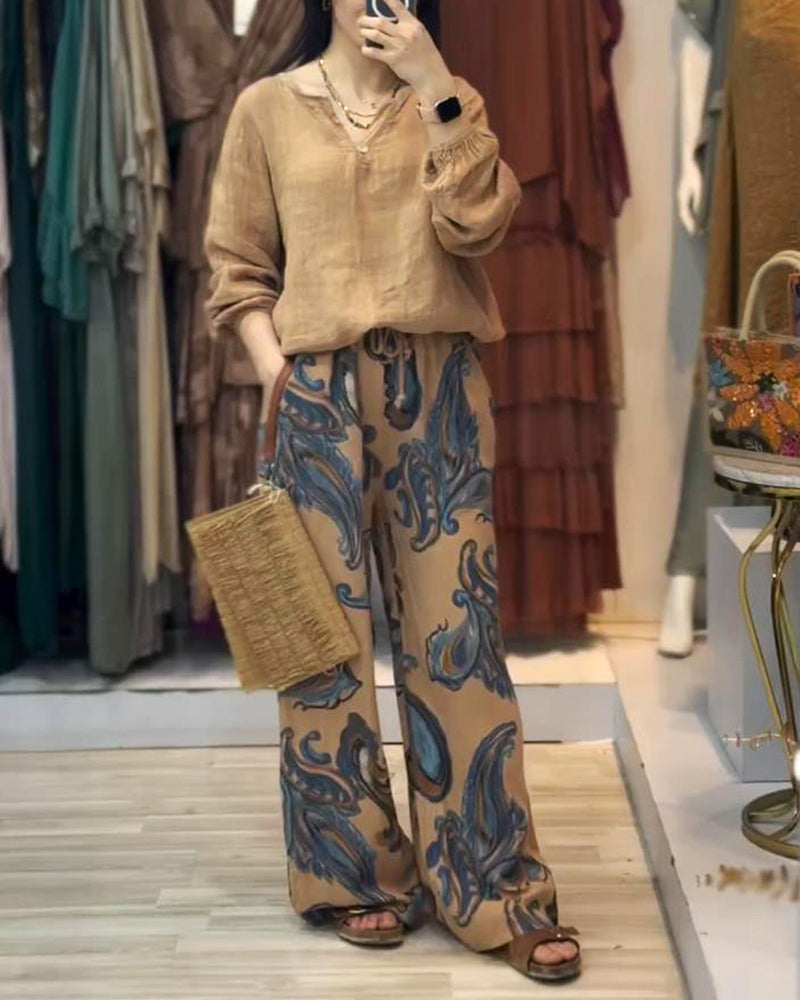 Long sleeve casual print set 202466 Cotton and Linen spring summer two-piece sets