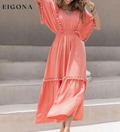 Tassel Trim Smocked V-Neck Short Sleeve Maxi Dress casual dresses clothes dress dresses H.R.Z long sleeve dress maxi dress Ship From Overseas short dress short sleeve short sleeve dress short sleeve dresses