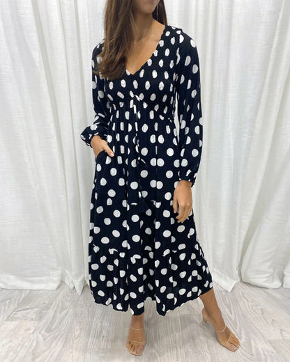 Polka dot print v-neck long sleeve elegant dress 202466 casual dresses spring summer