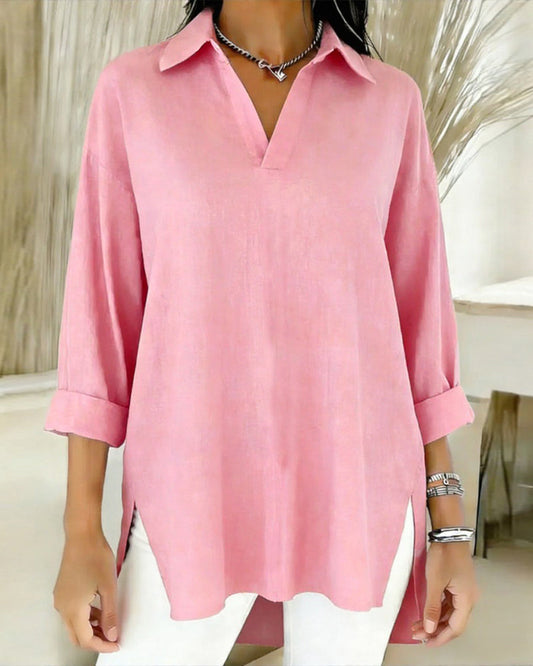 Slit-Hem Solid-Color V-Neck Shirt