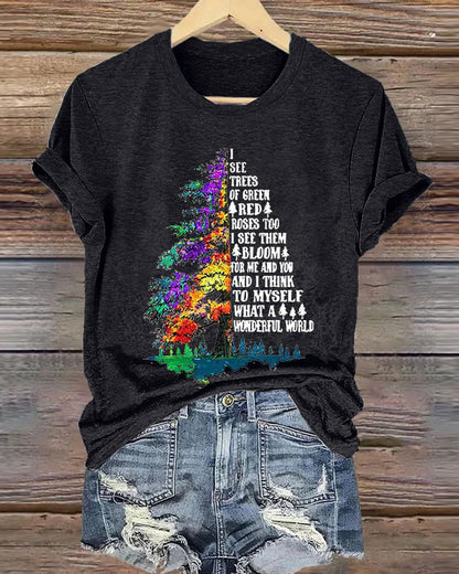 Women'S Retro Hippie Christmas I See Trees Of Green, Red Roses Too I See Them Bloom For Me And You And I Think To Myself What A Wonderful World Print T-Shirt christmas summer t-shirts