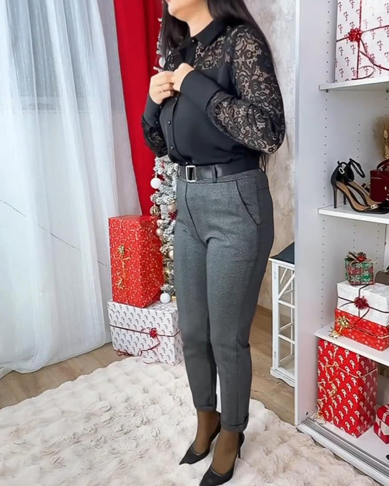 Elegant Lace Shirt with Turn-Down Collar