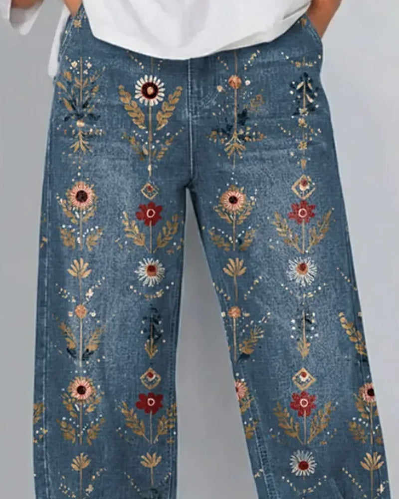 Floral Print Denim Ankle-Length Pants