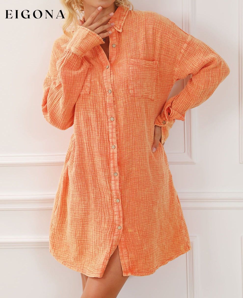 Orange Crinkled Dual Chest Pocket Oversized Shirt Dress All In Stock clothes Color Orange EDM Monthly Recomend Fabric Linen Occasion Daily Print Solid Color Season Spring Style Southern Belle