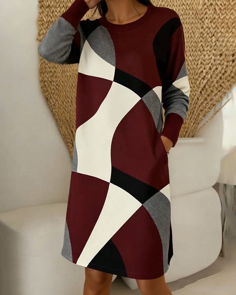 Color-Blocked Fashionable Round Neck Dress