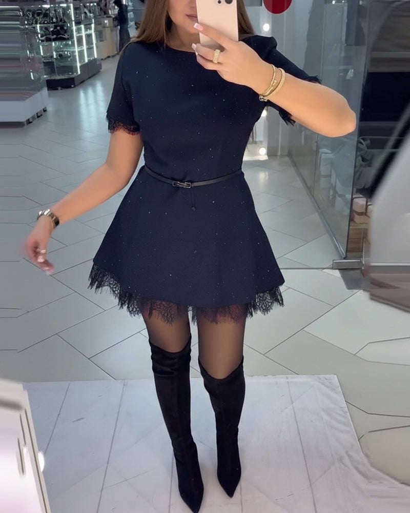 Sparkling Lace Short-Sleeve A-Line Dress