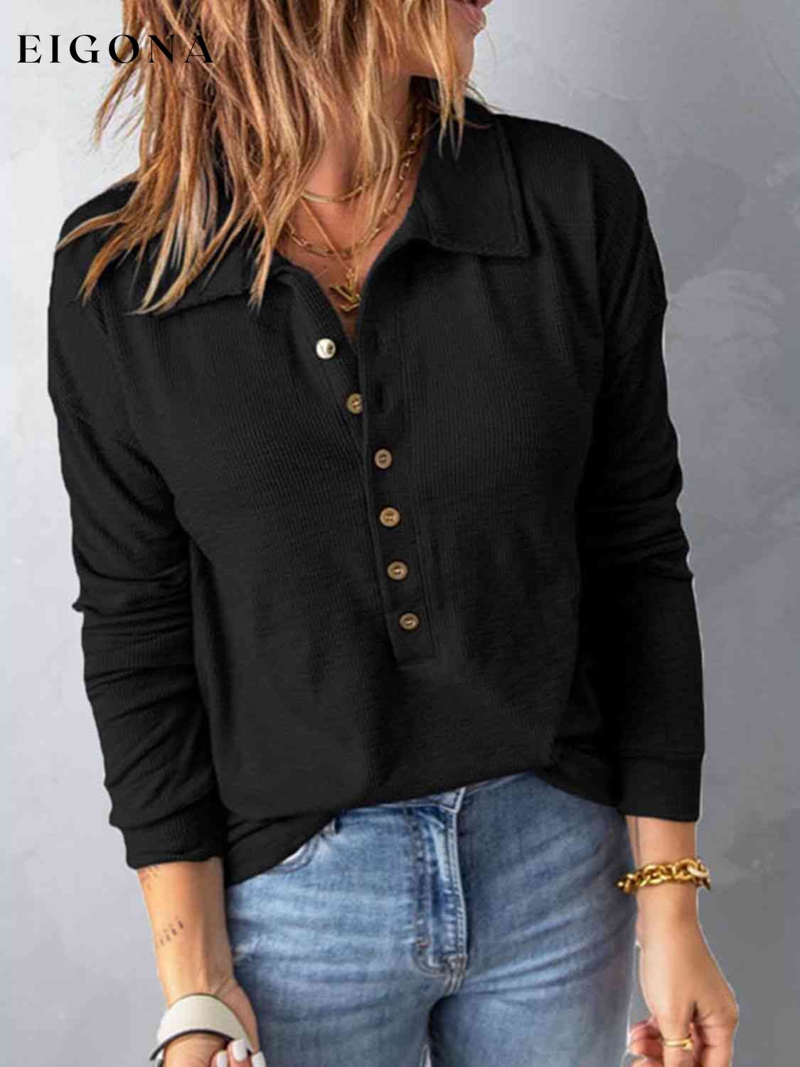 Collared Neck Half Button Top Black clothes Ship From Overseas Y@S@M