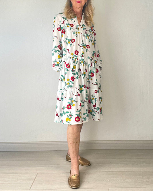 Rose print v-neck pocket elegant dress casual dresses spring summer