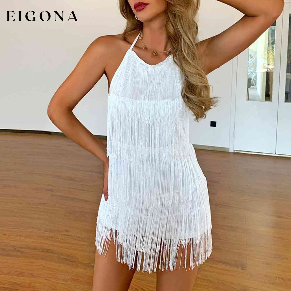 Fringed Halter Neck Tied Back Mini Dress White clothes D%W Ship From Overseas