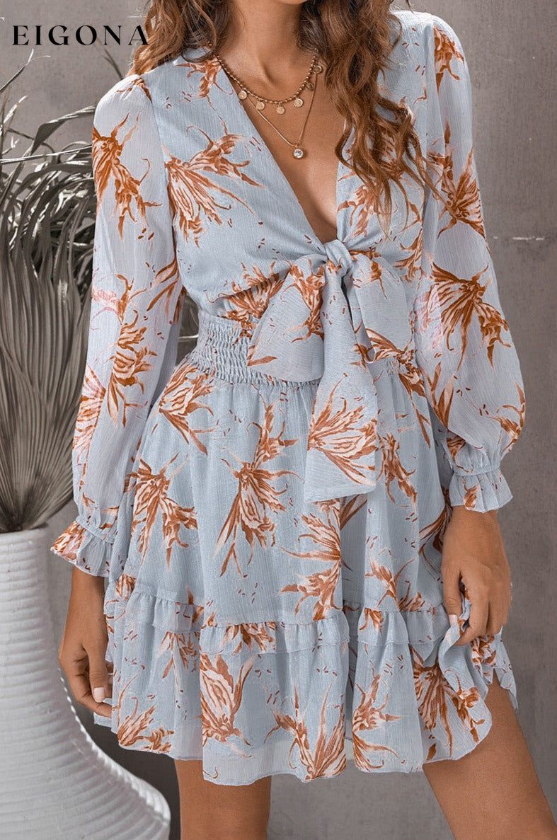 Floral Deep V Flounce Sleeve Mini Dress clothes dress dresses long sleeve dresses Ship From Overseas short dresses SYNZ trend trendy