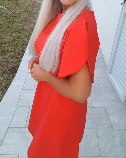 Solid-Color Puff-Sleeve A-Line Dress