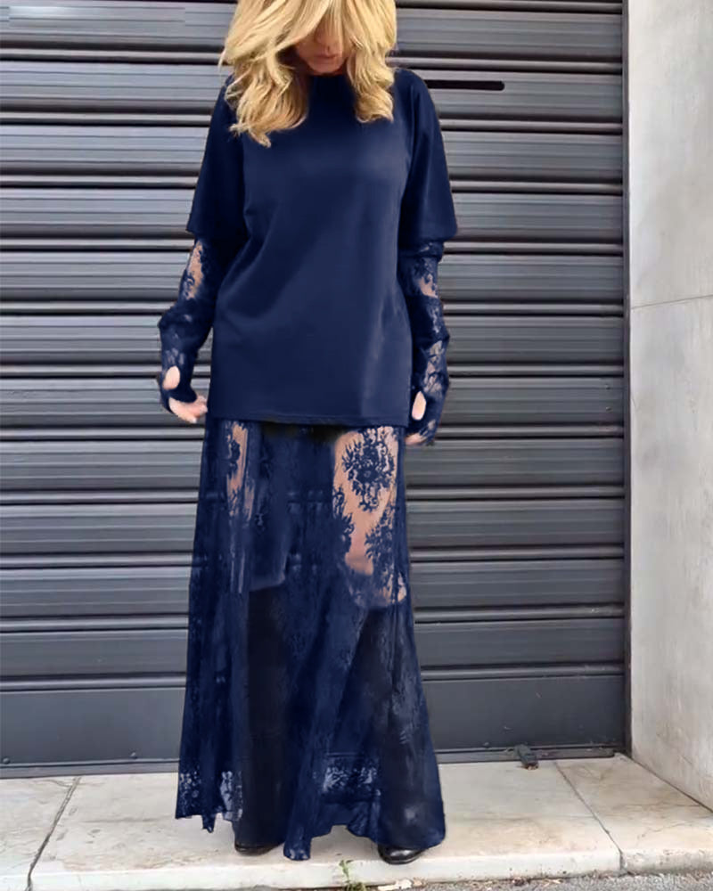 Zweiteiliges Set – einfarbiges T-Shirt und Spitzenrock