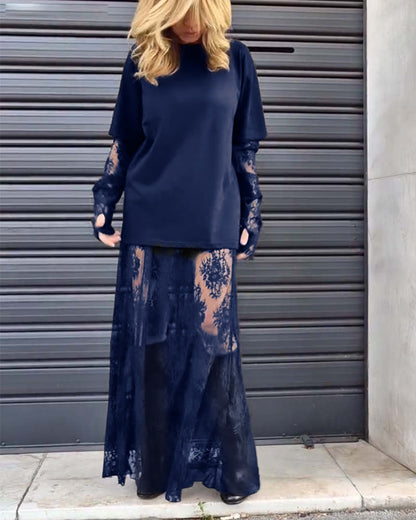 Zweiteiliges Set – einfarbiges T-Shirt und Spitzenrock