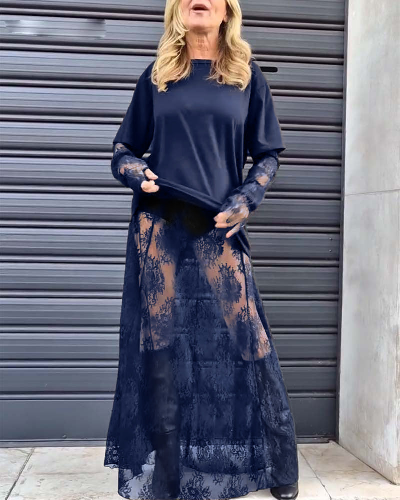 Zweiteiliges Set – einfarbiges T-Shirt und Spitzenrock