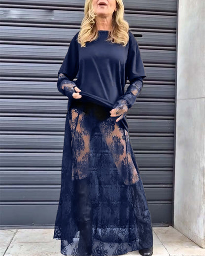 Zweiteiliges Set – einfarbiges T-Shirt und Spitzenrock