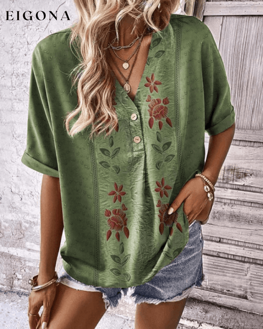 Floral v-neck short-sleeved T-shirt Green 23BF clothes Short Sleeve Tops Summer T-SHIRTS Tops/Blouses
