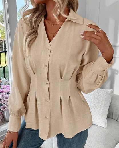 Lapel Long-Sleeved Waist-Cinching Shirt