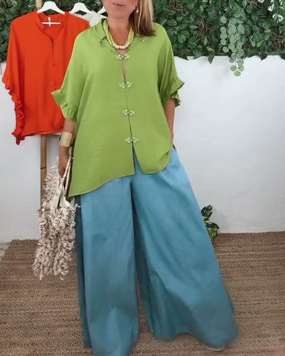 Lapel Button Bat Sleeve Shirt