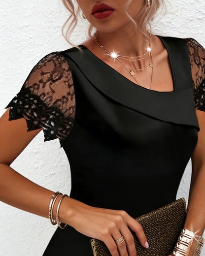 Off-Collar Lace Short-Sleeved T-Shirt