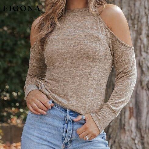 Heathered Round Neck Cold Shoulder T-Shirt Khaki clothes Ship From Overseas SYNZ