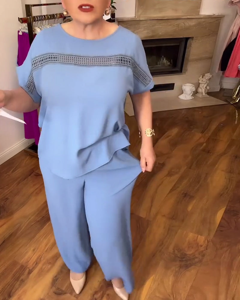 Ruffle Sleeve Round Neck Casual Set