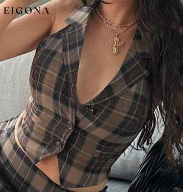 Sexy Two Piece Suit Summer Sexy Retro Plaid Vest Graceful Pleated Skirt Set Brown Vest 2 pieces bottoms clothes sets skirt set skirts