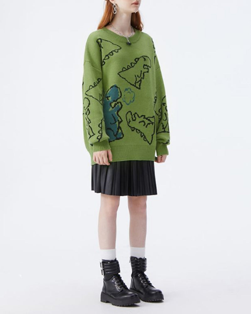 Dinosaur pattern crew neck casual sweater 2024 f/w pullovers