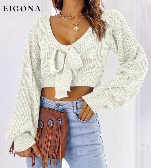Bow V-Neck Long Sleeve Cropped Sweater White clothes crop top crop tops croptop long sleeve shirt long sleeve shirts long sleeve top long sleeve tops M.Y.C Ship From Overseas shirt shirts Sweater sweaters top tops