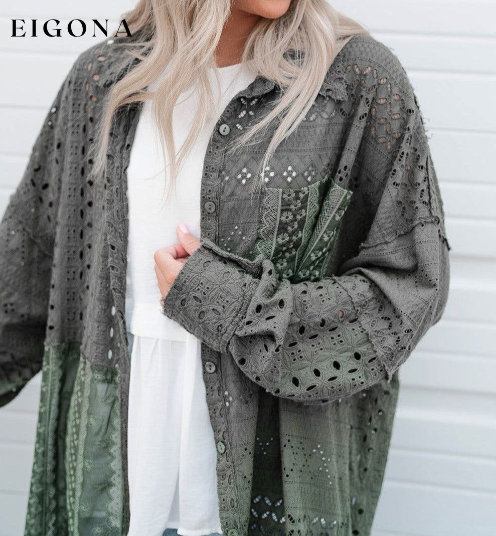 Duffel Green Eyelet Pattern Patchwork Oversized Button Up Shacket All In Stock clothes Craft Embroidery long sleeve shirt long sleeve shirts long sleeve top long sleeve tops Outerwear Print Solid Color Season Fall & Autumn shirt shirts Style Western top tops