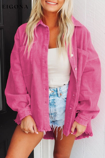 Bright Pink Corded Dual Chest Pocket Raw Hem Shacket Bright Pink 70%Cotton+30%polyester All In Stock Category Shacket clothes Color Pink Craft Distressed EDM Monthly Recomend Fabric Corduroy Occasion Daily Print Solid Color Season Fall & Autumn Style Southern Belle