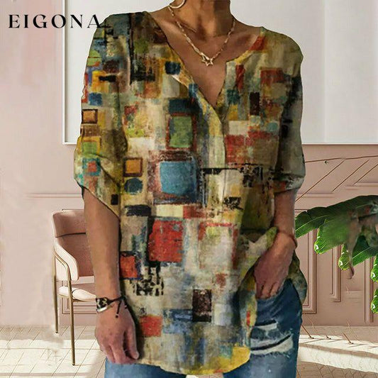 Vintage Geometric Print Long Sleeve Blouse Multicolor best Best Sellings clothes Plus Size Sale tops Topseller