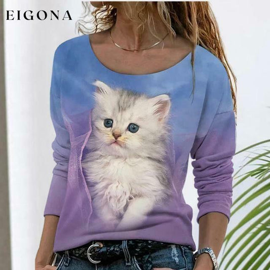 Elegant Cat Print T-Shirt Blue Best Sellings clothes Plus Size Sale tops Topseller