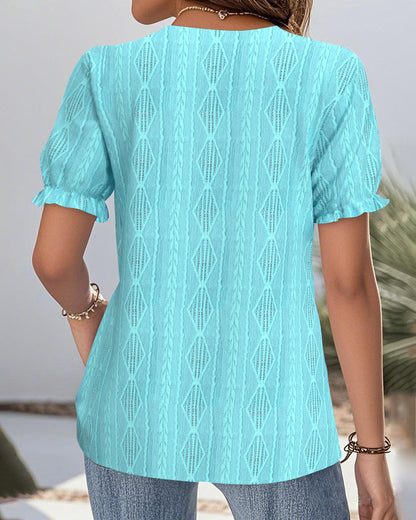 V-Neck Hollow Lace Solid Color Short-Sleeved Blouse